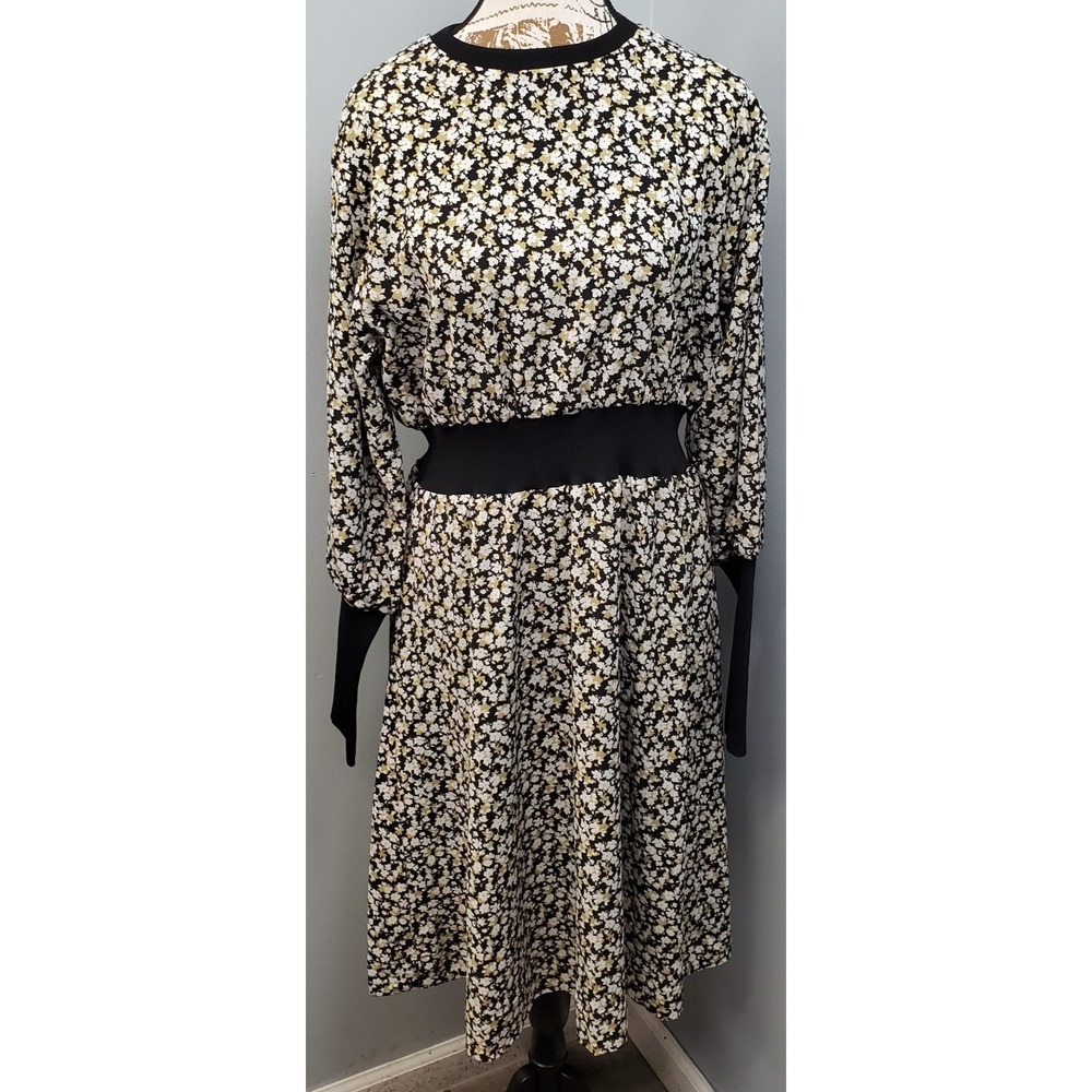 English Midi Dress Womens Large Multi Ditsy Floral Ribbed Cuffs Elegant Back Zip